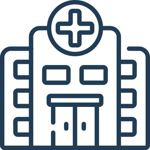 Hospital building icon with a cross on the front, representing medical care