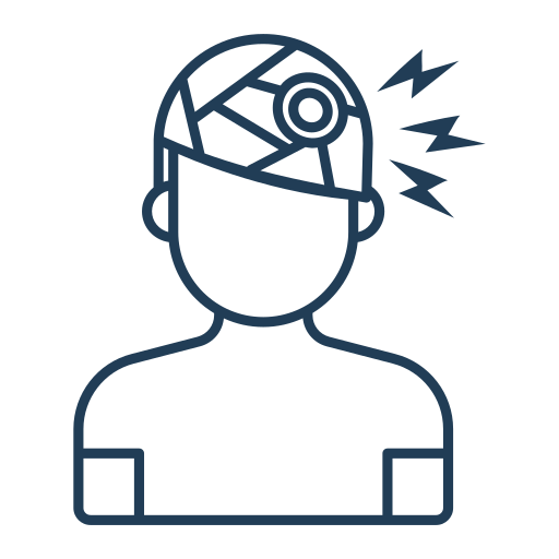 Line-art icon of a person with a geometric head and pain bolts near the head, indicating a headache or head injury.