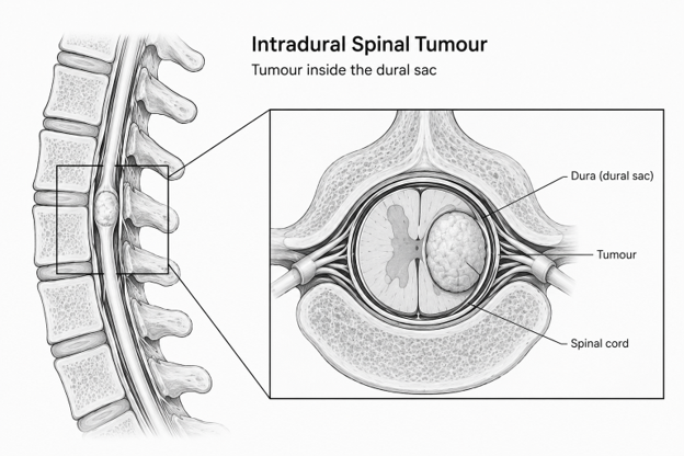 Cross-sectional spinal diagram showing an intradural tumor inside the dura, with an inset labeling the dura, spinal cord, and tumor.