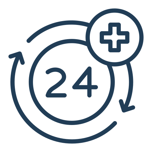 24/7 health service icon with circular arrows and a medical cross in a circle