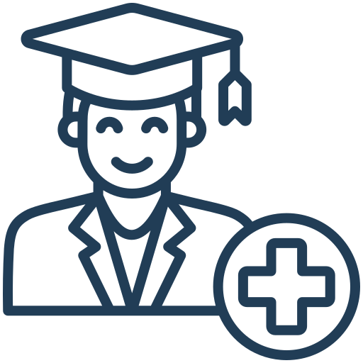 Illustration of a graduate in a cap and gown with a medical cross symbol, indicating healthcare education