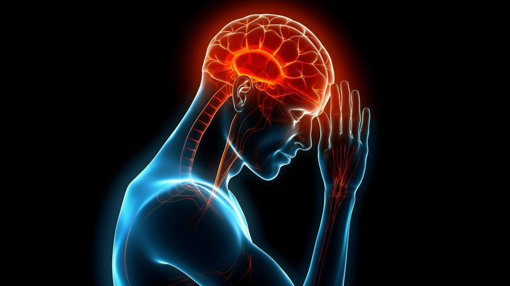 Side view of a blue translucent human figure with an illuminated red brain and nerves, hands raised to the head in a prayer-like pose.