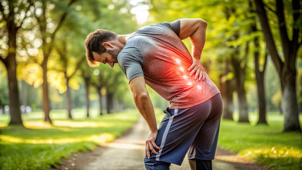 Man in athletic clothing bends slightly, clutching his lower back in pain on a sunlit park path, with a red glow indicating back strain.