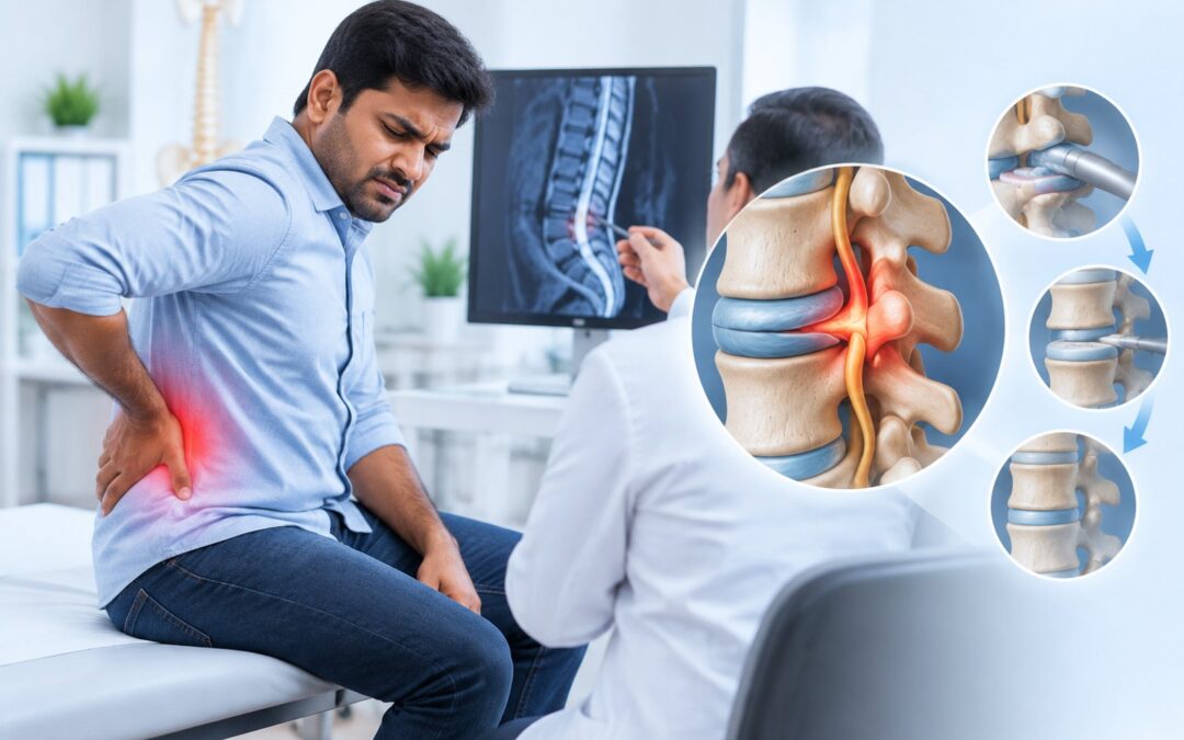Man sits on examination table clutching his lower back in pain during a medical consultation beside a spinal MRI image and diagram contextually explaining disc herniation at the lumbar spine.