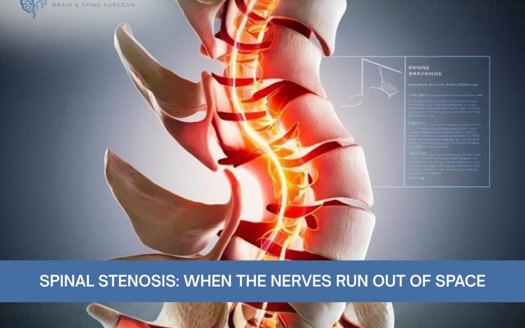 Medical illustration of a spine with glowing nerves, overlaid with the title 'Spinal Stenosis: When the Nerves Run Out of Space' and a brain & spine surgeon logo in the corner.